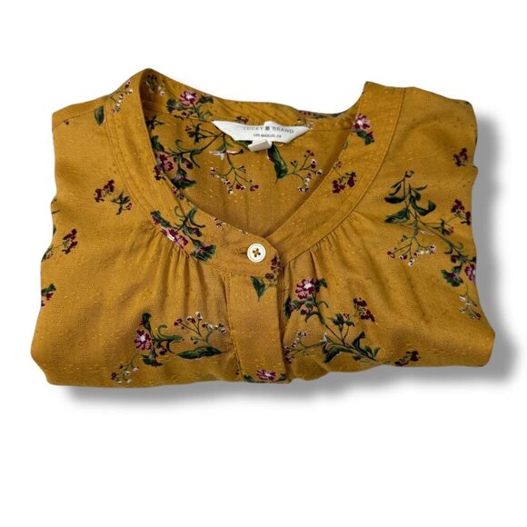Lucky Brand Blouse Womens Sz L Yellow Floral Manderine Collar1/2 Button LS - Picture 2 of 12
